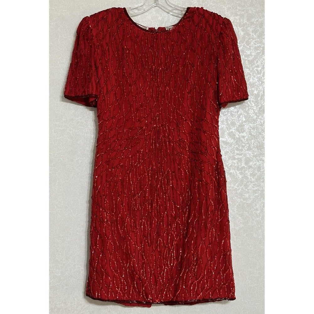 Laurence Kazar VTG 80s Red Sequin Silk Lined Cocktail Dress Knee Length Petite L